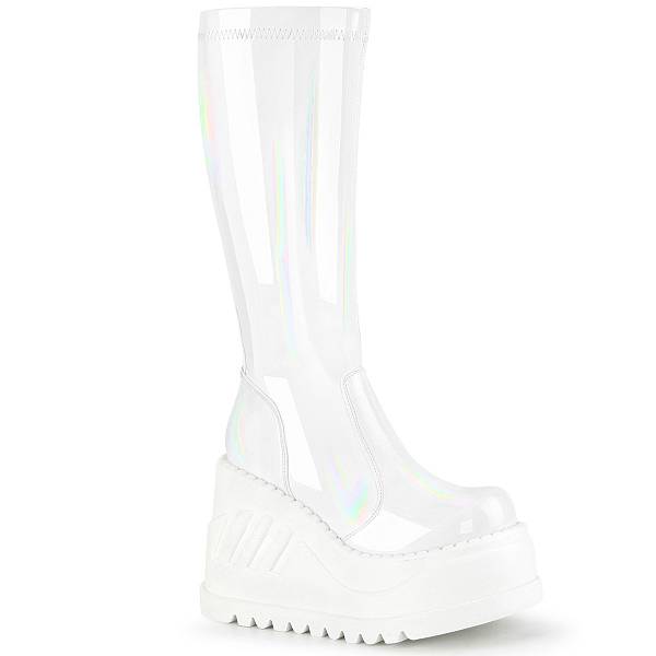 Demonia Women's Stomp-200 Knee High Platform Boots - White Hologram Stretch Patent D6091-83US Clearance